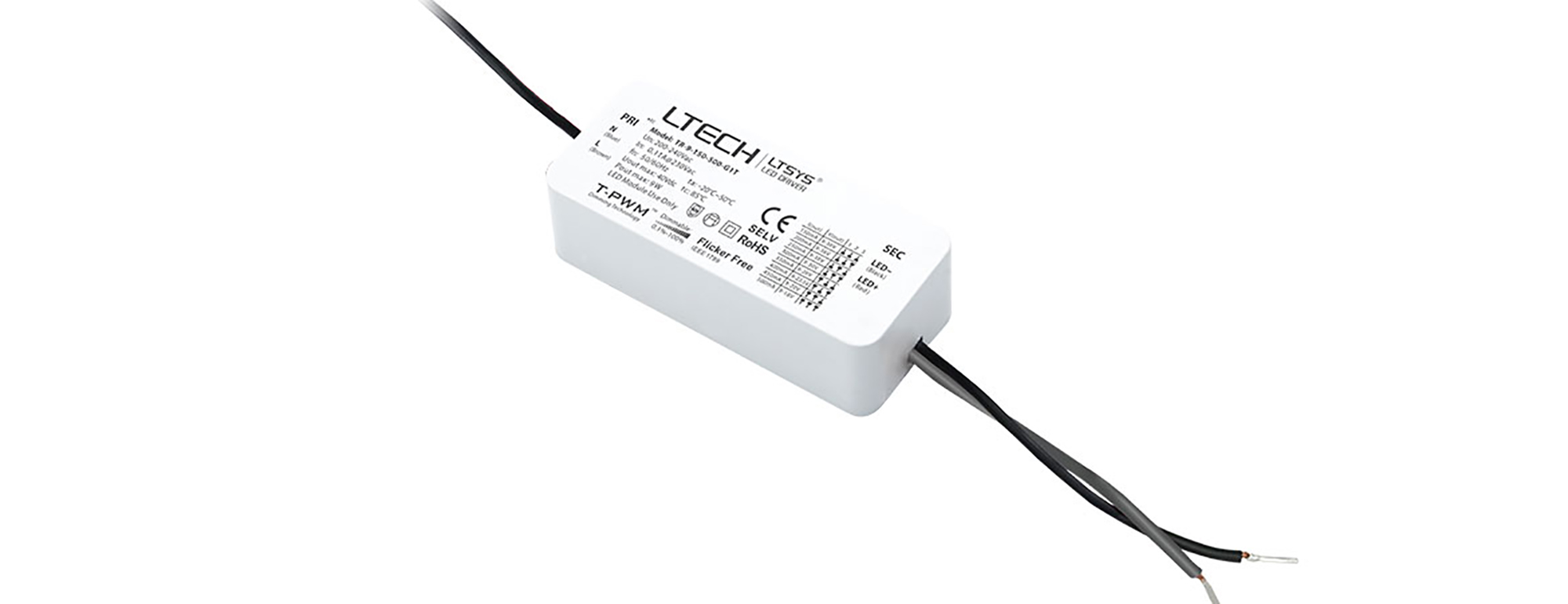 TR-9-150-500-G1T  Triac/ELV Dimmable; 1.35W-9W; CC Dimmable Driver; 150/200/250/300/350/400/450/500mA; 9-36Vdc; IP20.